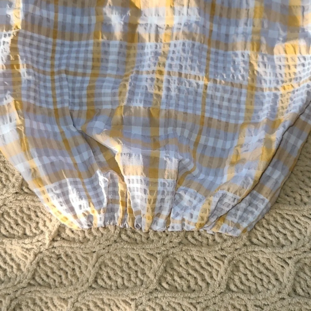 Anthro Maeve White & Yellow Plaid Smocked Blouse - Size M